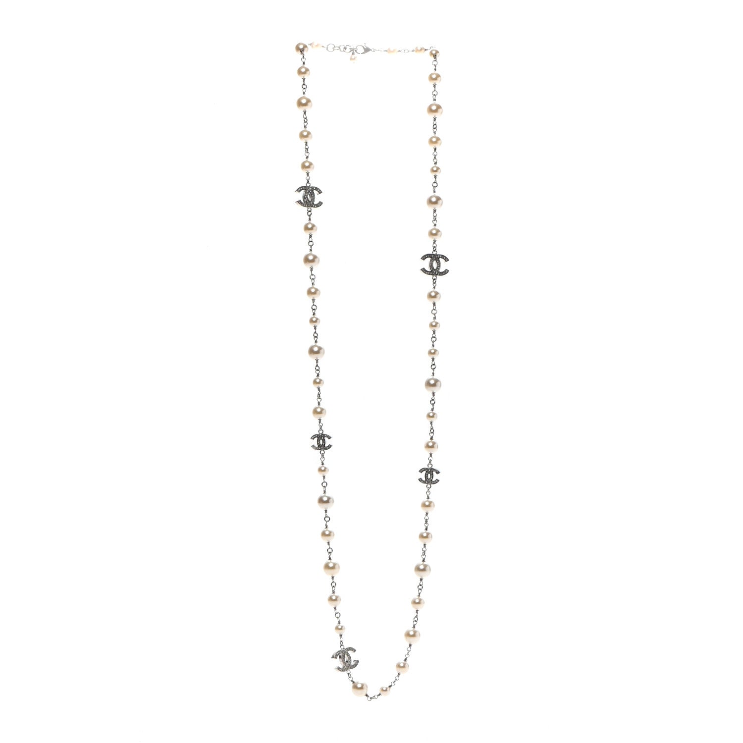 Chanel Crystal Pearl CC Long Necklace Silver 3 of 6