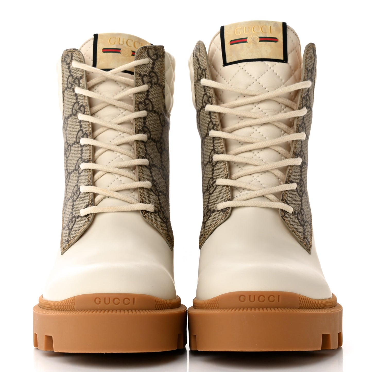 Calfskin GG Supreme Monogram Nappa Quilted Lace Up Ankle Boots 40.5 Mystic White Beige