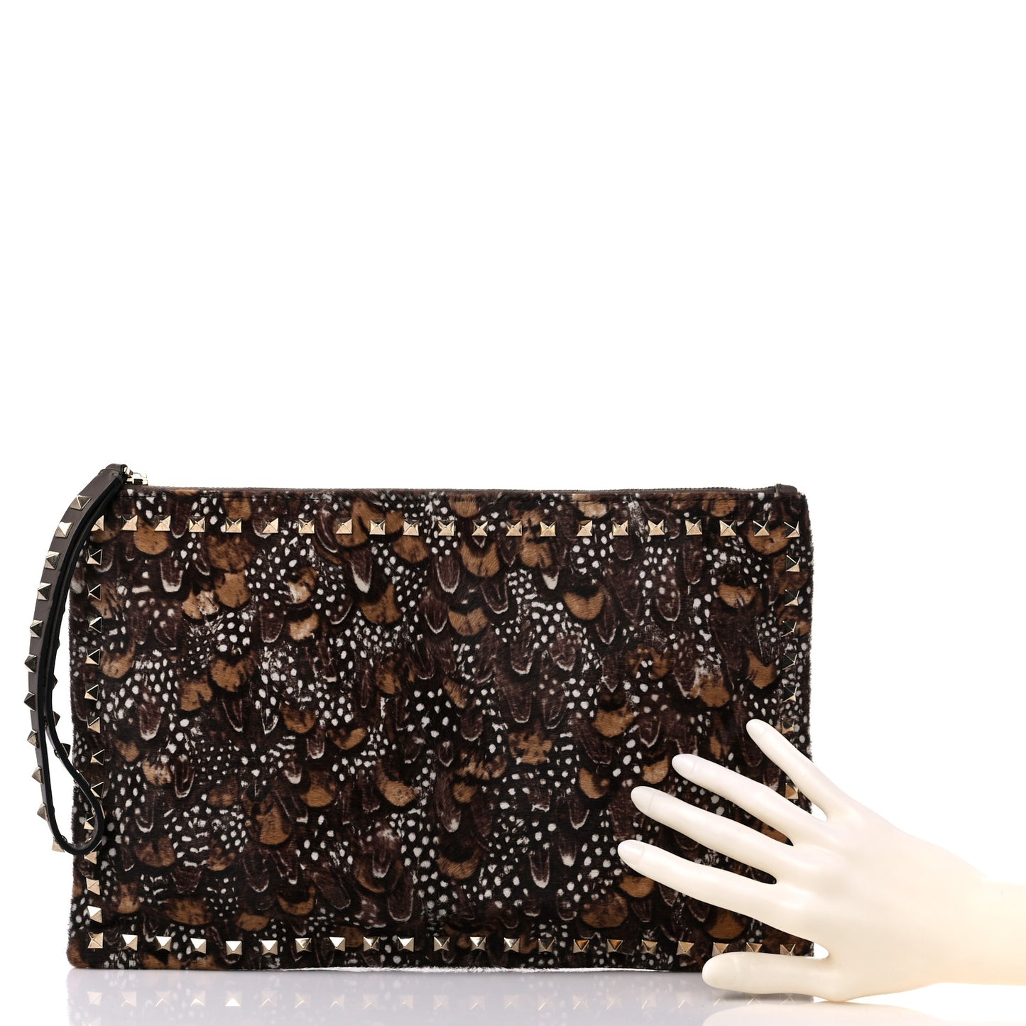 Calf Hair Feather Rockstud Zip Wristlet Pouch Brown