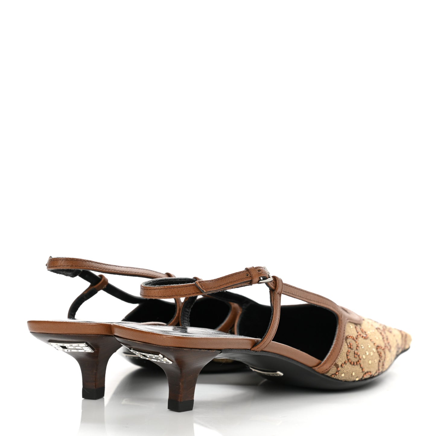 GG Monogram Malaga Kid Crystal Square G 35mm Slingback Pumps 38 Camel Ebony Cuir