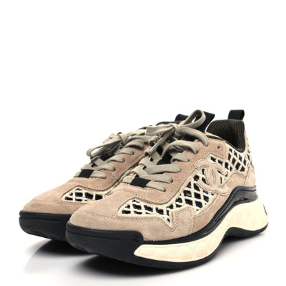 Chanel Suede Calfskin Embroidered CC Sneakers 37.5 Beige Black 3 of 8