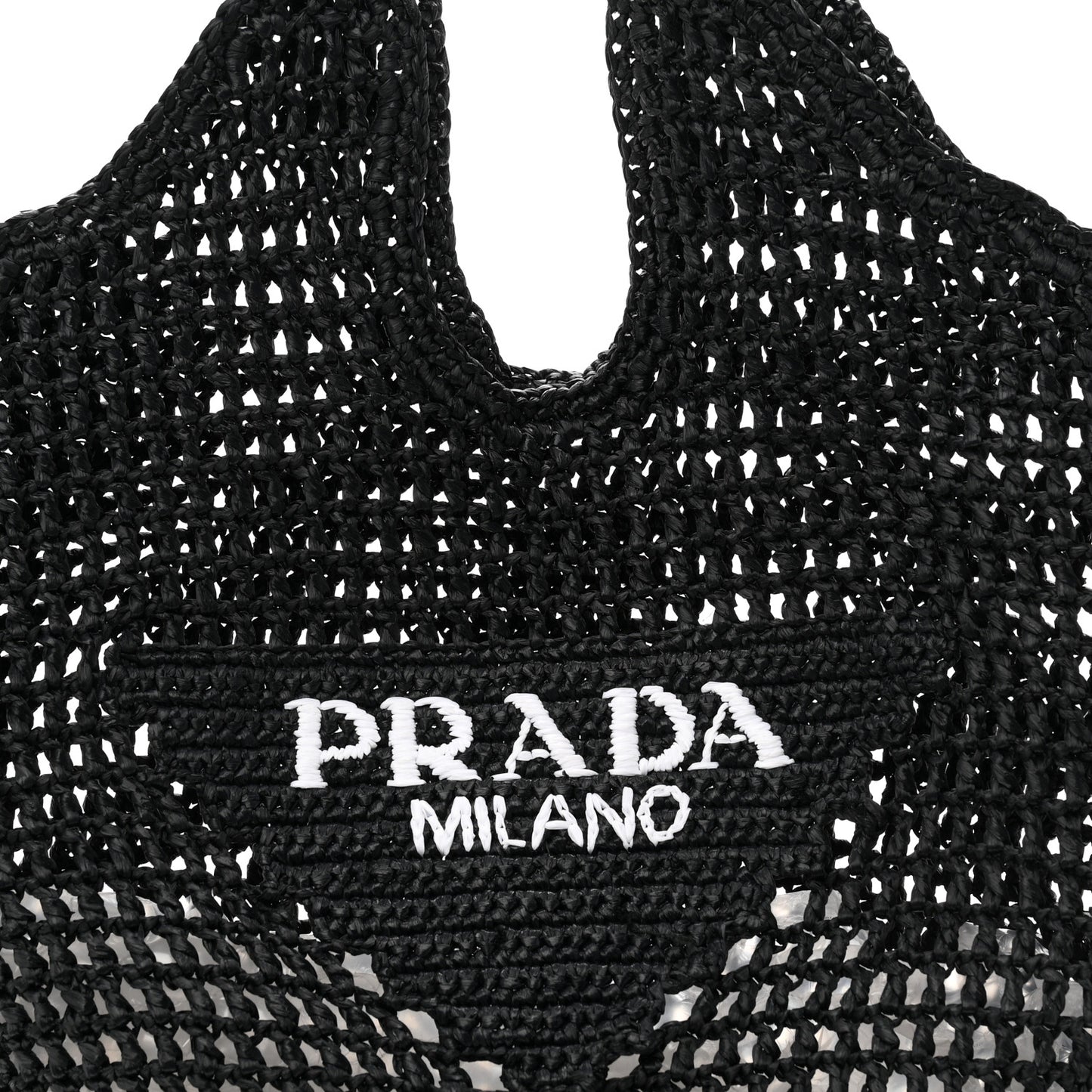 Yarn Raffia Effect Crochet Logo Embroidered Shopping Tote Bag Black