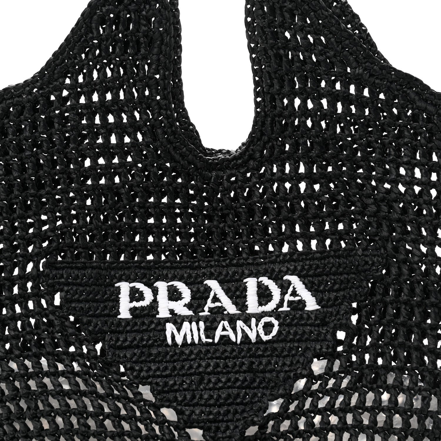 Prada Yarn Raffia Effect Crochet Logo Embroidered Shopping Tote Bag Black 7 of 9