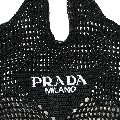 Prada Yarn Raffia Effect Crochet Logo Embroidered Shopping Tote Bag Black 7 of 9