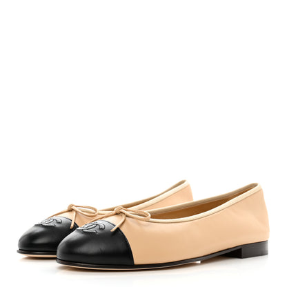 Chanel Lambskin Cap Toe CC Ballerina Flats 38.5 Beige Black 3 of 9