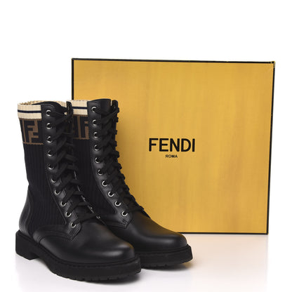 Fendi Calfskin Stretch Fabric Rockoko Biker Boots 37 Tobacco Black Marino 7 of 7