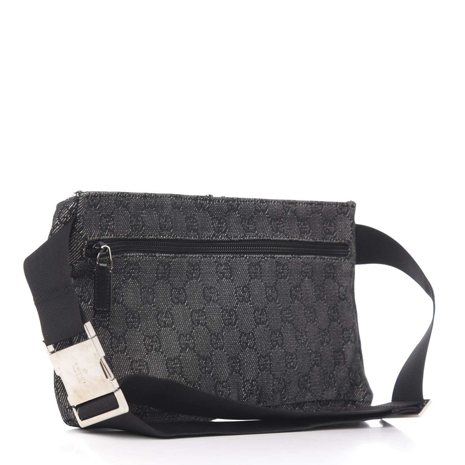 Gucci Denim Monogram Double Pocket Belt Bag Black 2 of 10