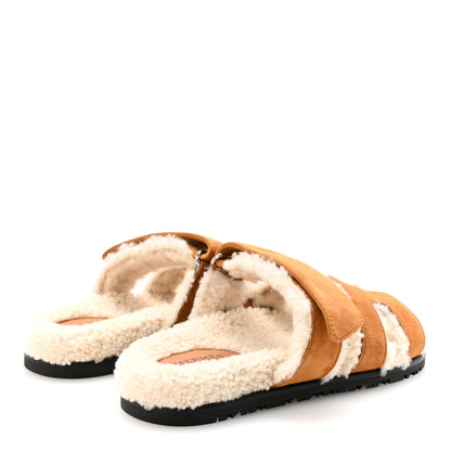 Hermes Suede Goatskin Woolskin Womens Chypre Sandals 36 Brun Fume Ecru 5 of 9