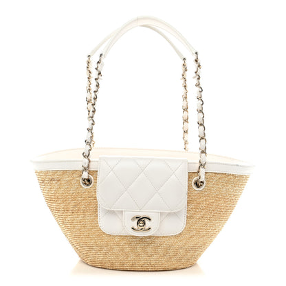 Chanel Raffia Braided Lambskin Small Shopping Tote Beige White 1 of 11