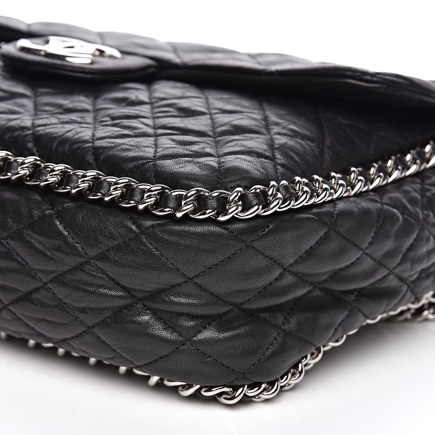 Washed Lambskin Quilted Maxi Chain Around Flap Black
