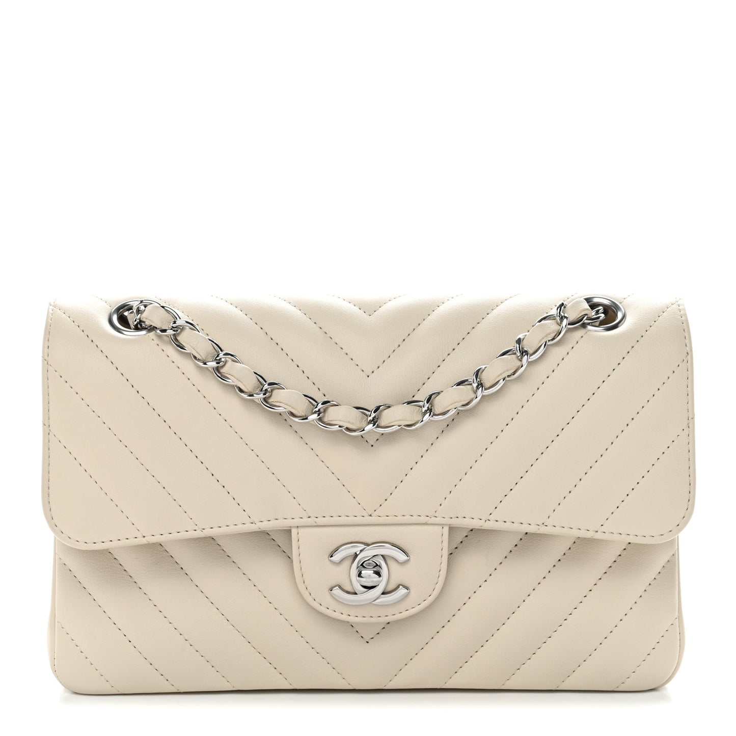 Calfskin Chevron Quilted Small Double Flap Ivory
