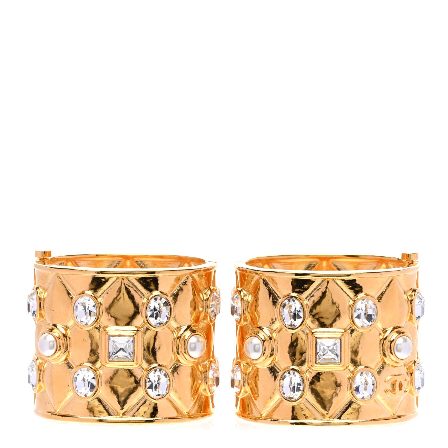 Chanel Strauss Pearl Crystal Quilted Hinged Cuff Set of 2 Gold 1 of 4