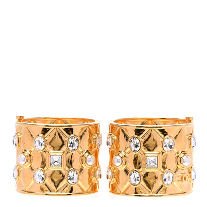 Chanel Strauss Pearl Crystal Quilted Hinged Cuff Set of 2 Gold 1 of 4