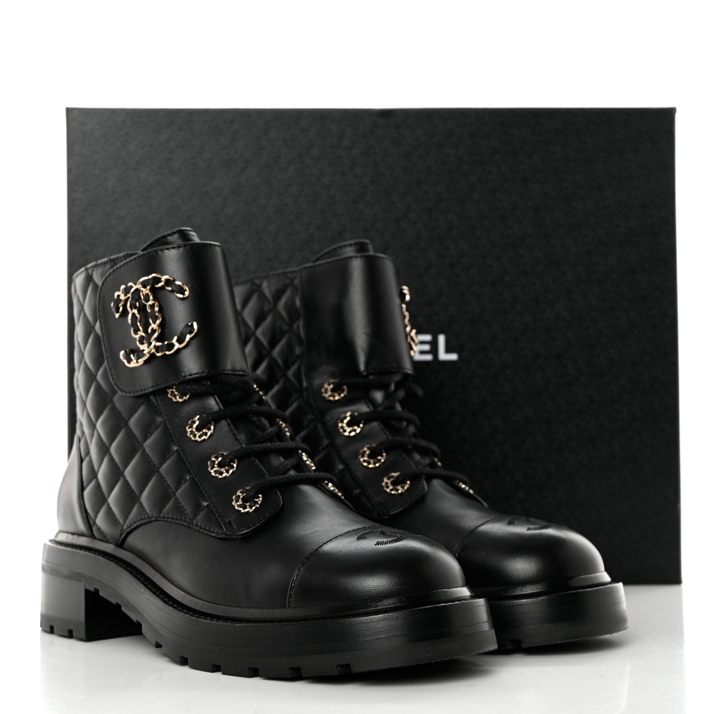 Shiny Lambskin Quilted Lace Up Combat Boots 39 Black