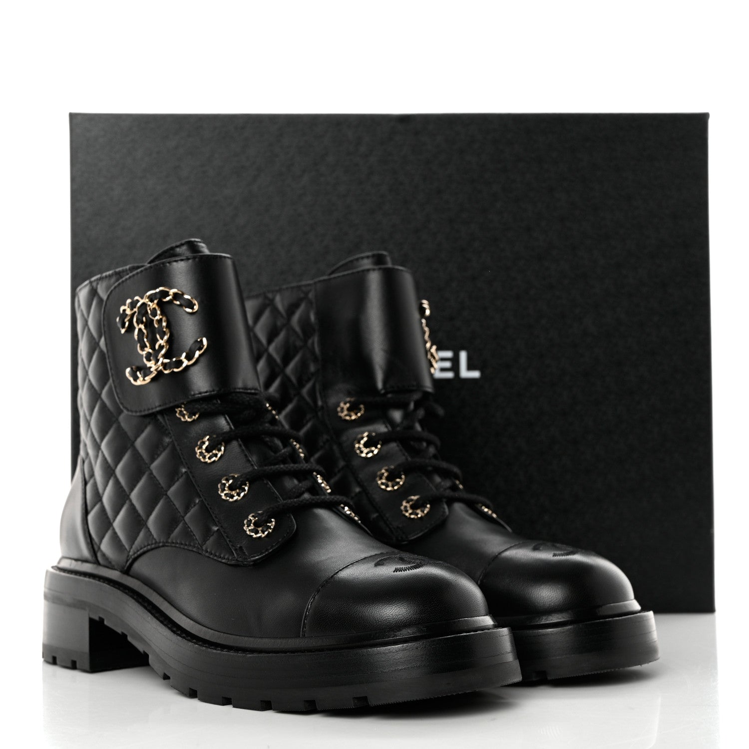Chanel Shiny Lambskin Quilted Lace Up Combat Boots 39 Black 10 of 10
