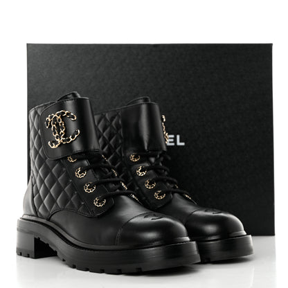 Chanel Shiny Lambskin Quilted Lace Up Combat Boots 39 Black 10 of 10
