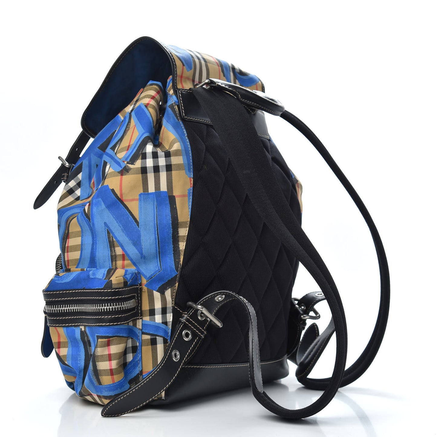 Vintage Check Graffiti Print Large Rucksack Backpack Blue Antique Yellow