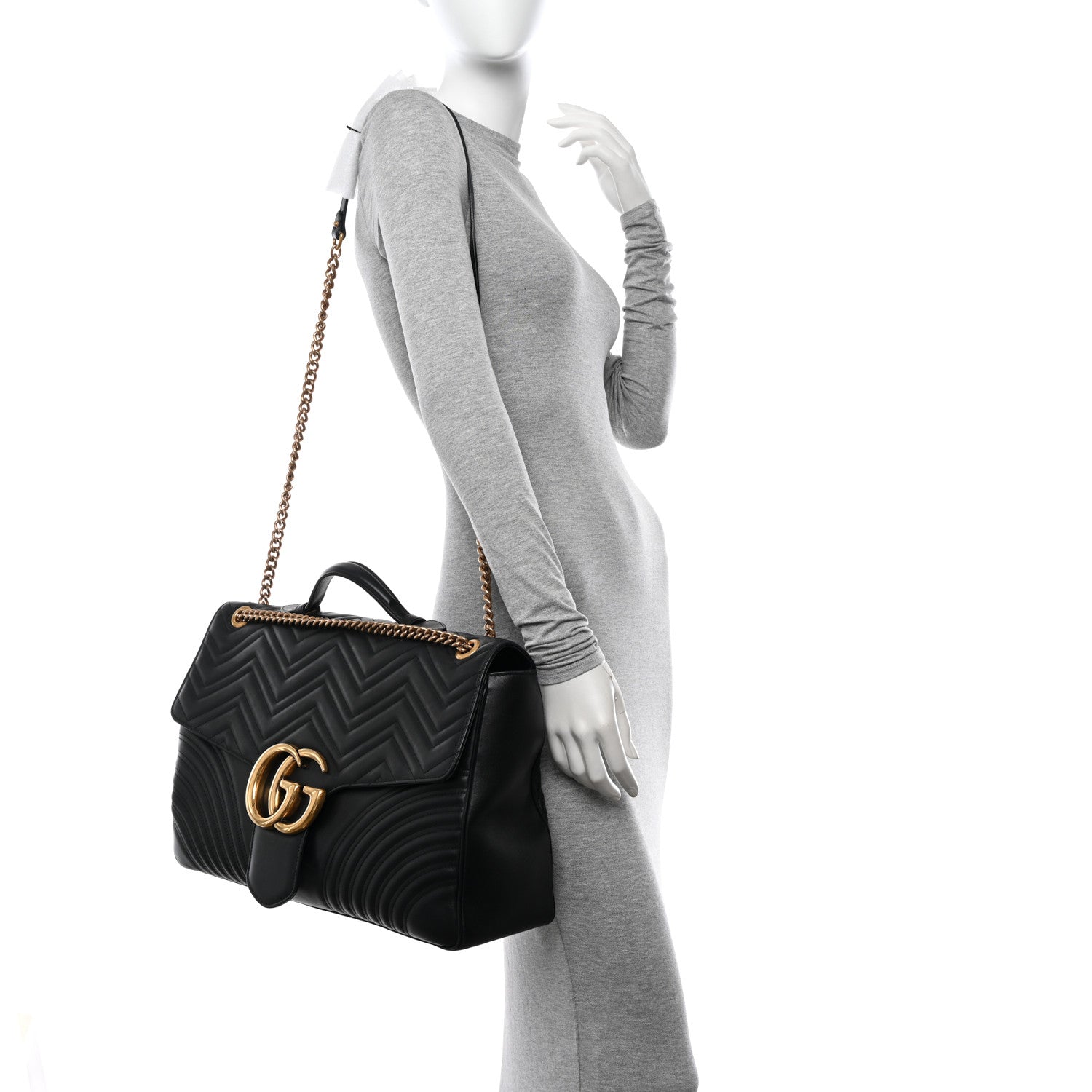 Gucci Calfskin Matelasse Maxi GG Marmont Top Handle Shoulder Bag Black 3 of 11