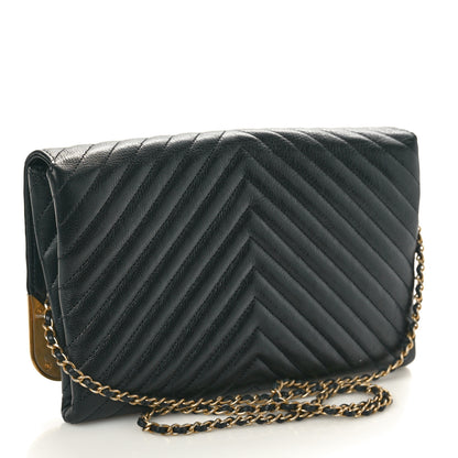 Chanel Calfskin Chevron Quilted Rock The Corner Clutch With Chain Black 2 of 10