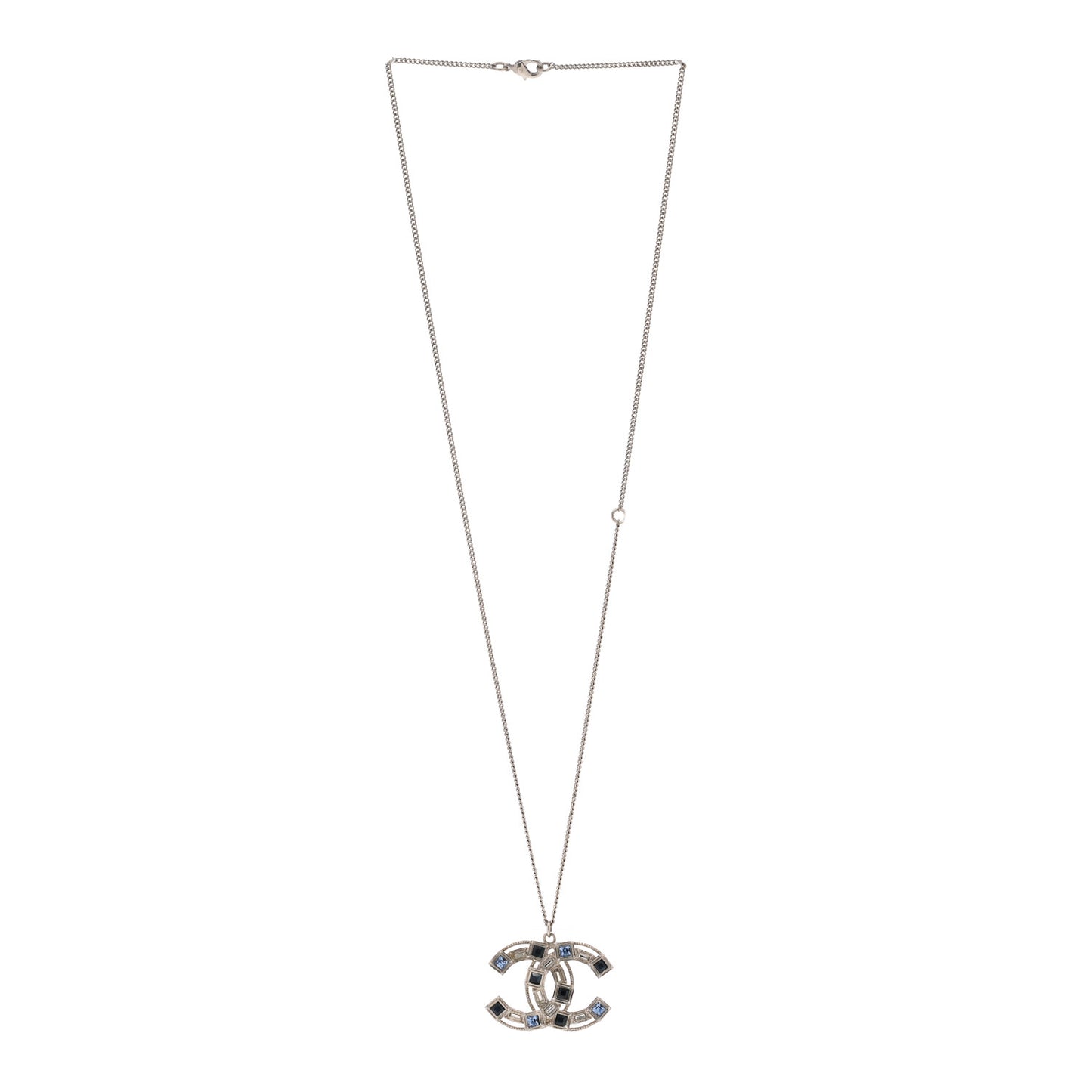 Crystal Baguette CC Pendant Necklace Silver Blue