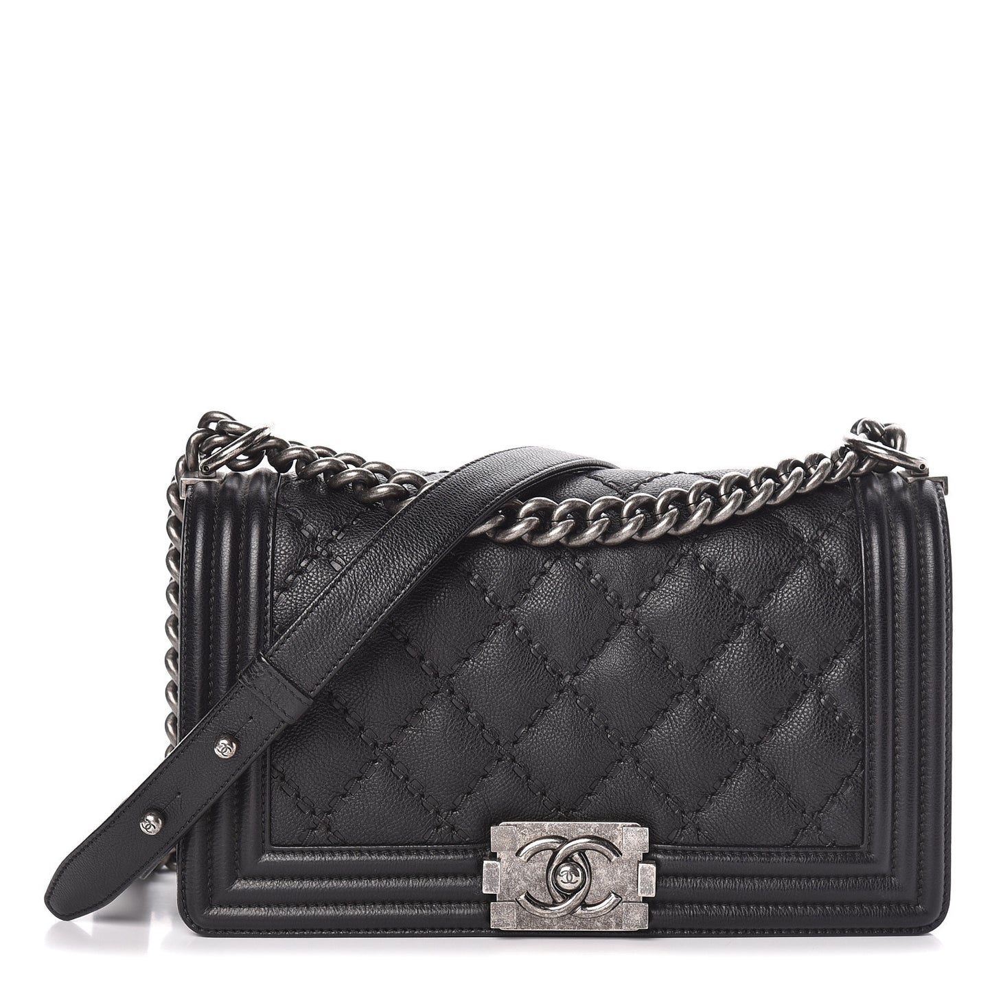 Calfskin Double Stitch Medium Boy Flap Black
