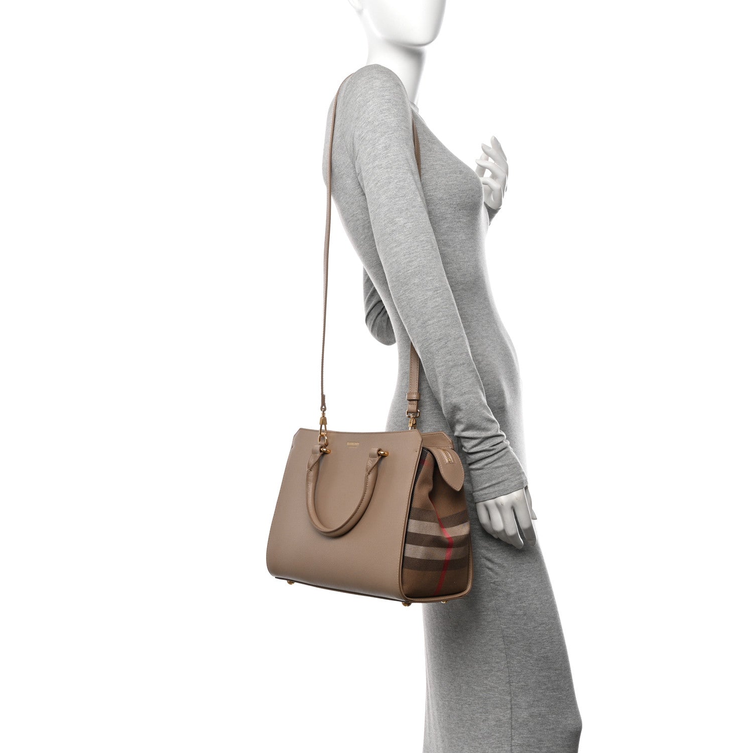 Burberry Calfskin Mega Check Small Banwell Tote Chestnut Beige