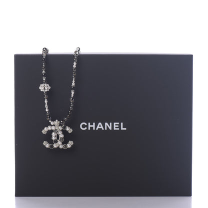 Chanel Pearl Crystal Bead CC Long Necklace Silver Black 5 of 6