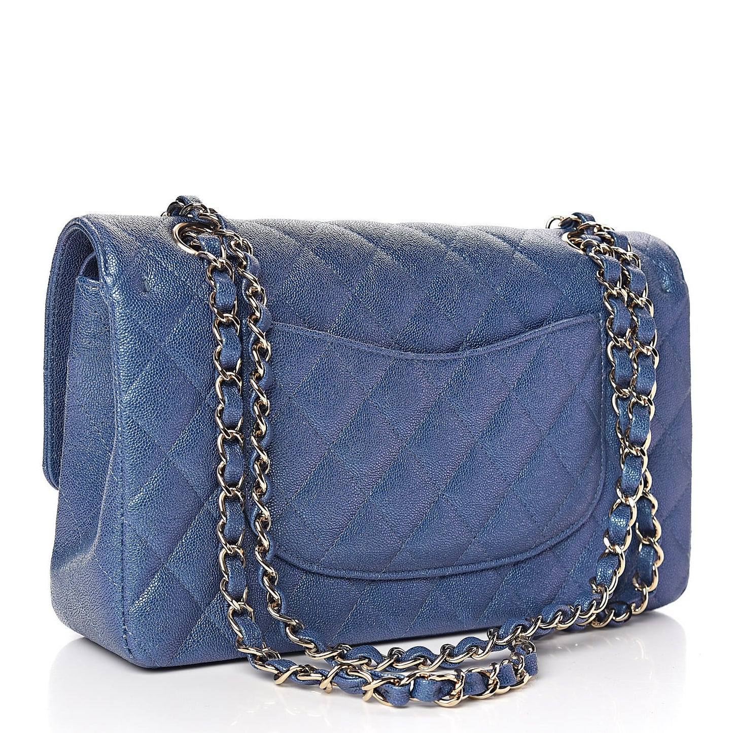 Iridescent Caviar Quilted Medium Double Flap Dark Blue