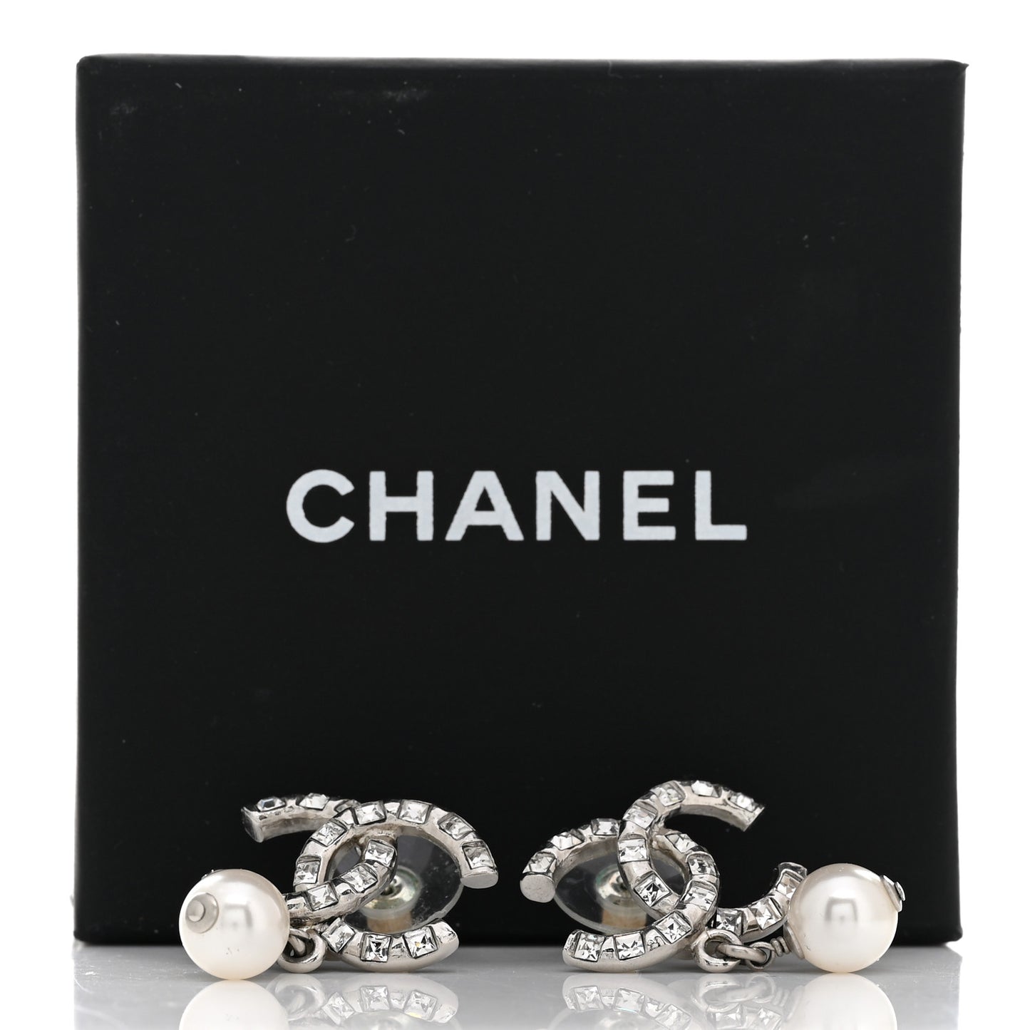 Crystal Baguette Pearl CC Drop Earrings Silver