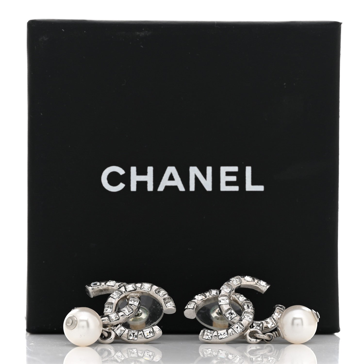 Chanel Crystal Baguette Pearl CC Drop Earrings Silver 5 of 5