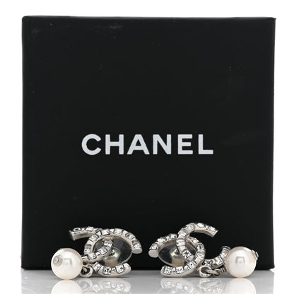 Chanel Crystal Baguette Pearl CC Drop Earrings Silver 5 of 5