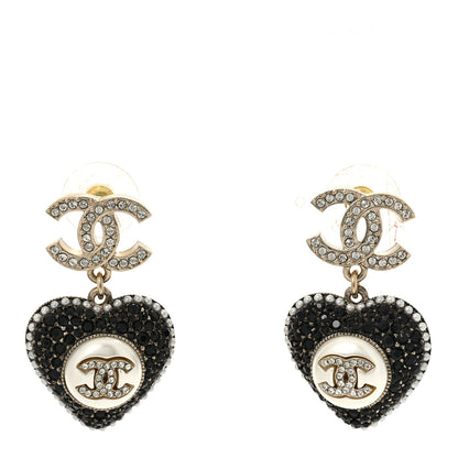 Chanel Pearl Crystal CC Heart Drop Earrings Gold Black White 1 of 5