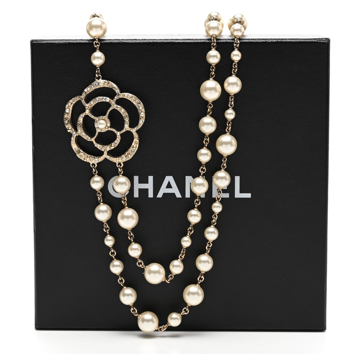 Crystal Pearl CC Camellia Long Necklace Gold