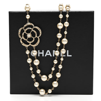 Chanel Crystal Pearl CC Camellia Long Necklace Gold 3 of 7