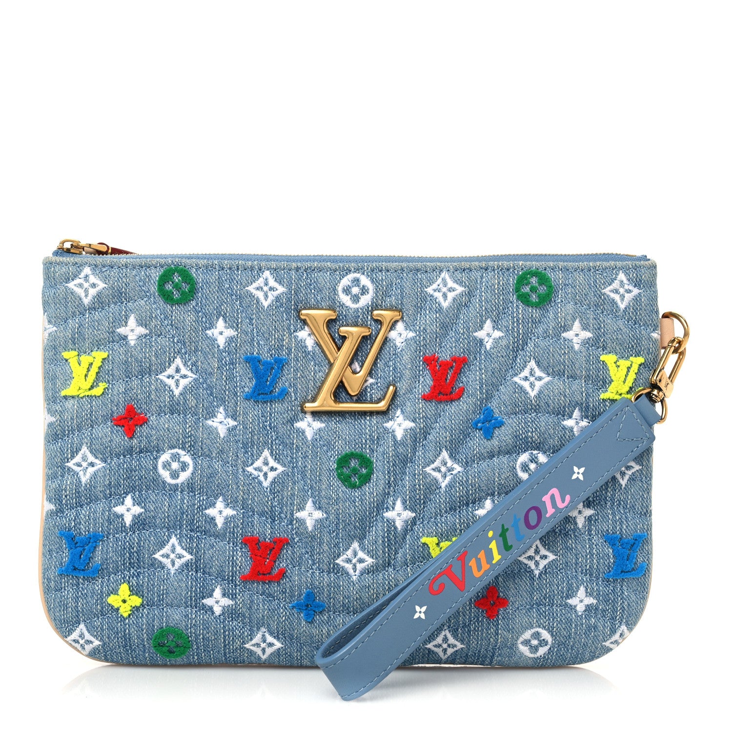 Louis Vuitton Embroidered Monogram Denim New Wave Zipped Pochette Blue 1 of 8