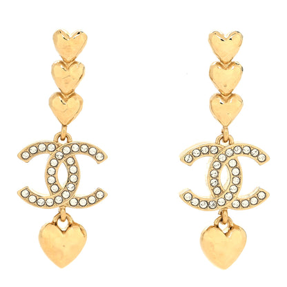 Chanel Metal Crystal CC Heart Drop Earrings Gold 1 of 4