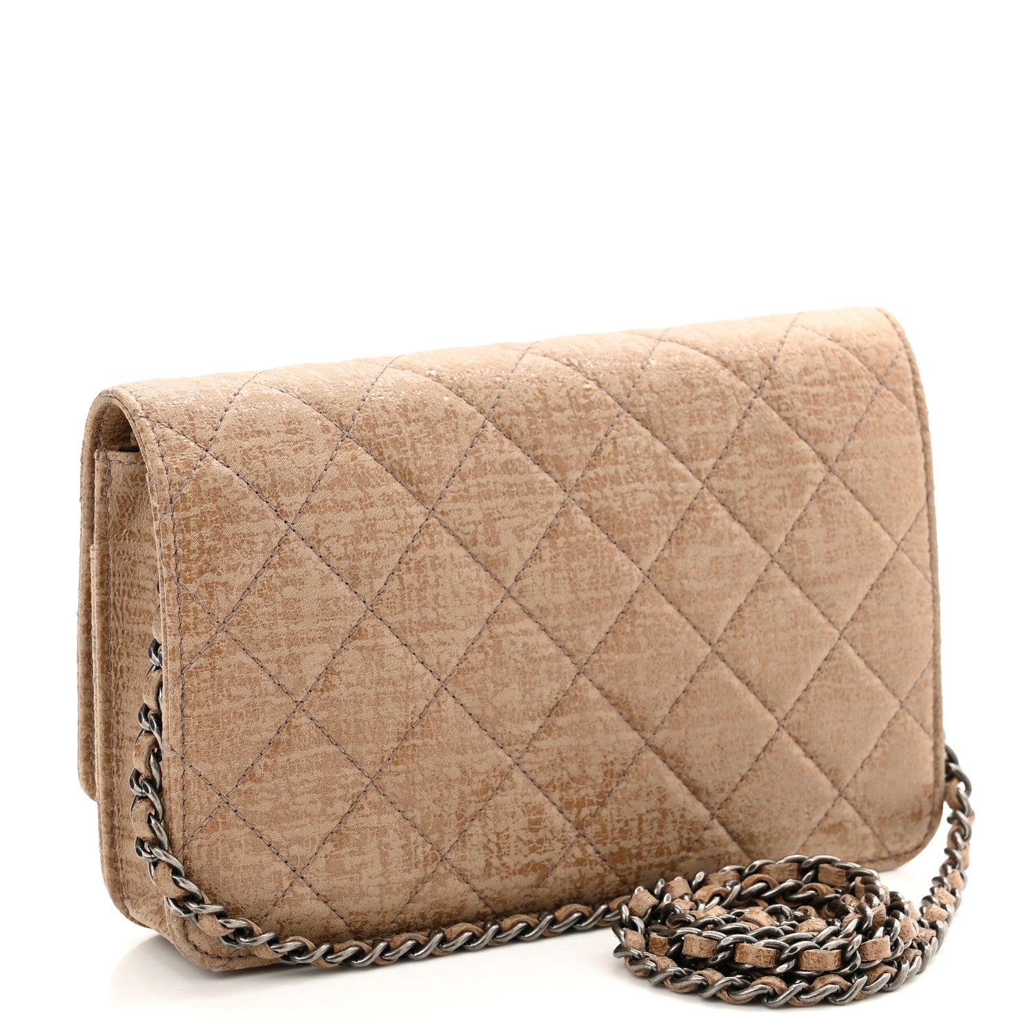 Chanel Crackled Coated Fabric Quilted Wallet On Chain WOC Beige 2 of 12