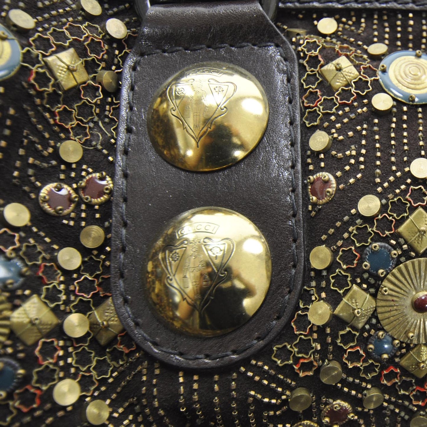 Suede Metal Embroidery Babouska Medium Boston Brown