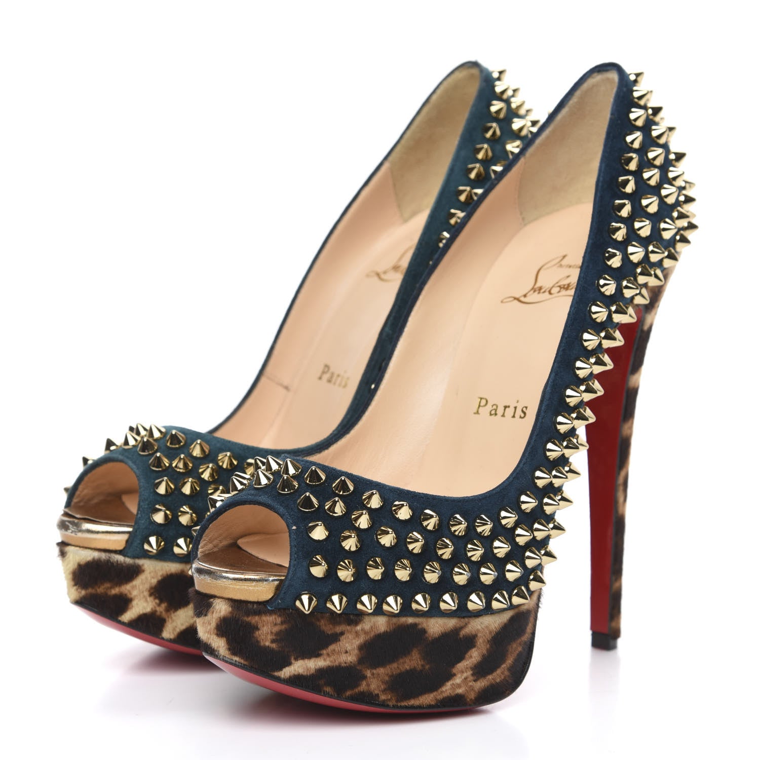 Christian Louboutin Veau Velours Calf Hair Leopard Lady Peep Spikes VIP 150 Pumps 35.5 Blue Khol Bronze 3 of 10