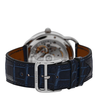 Hermes Stainless Steel Alligator Diamond Blue Sapphire Mother of Pearl 38mm Arceau Petite Lune Automatic Watch Bleu Saphir 3 of 5