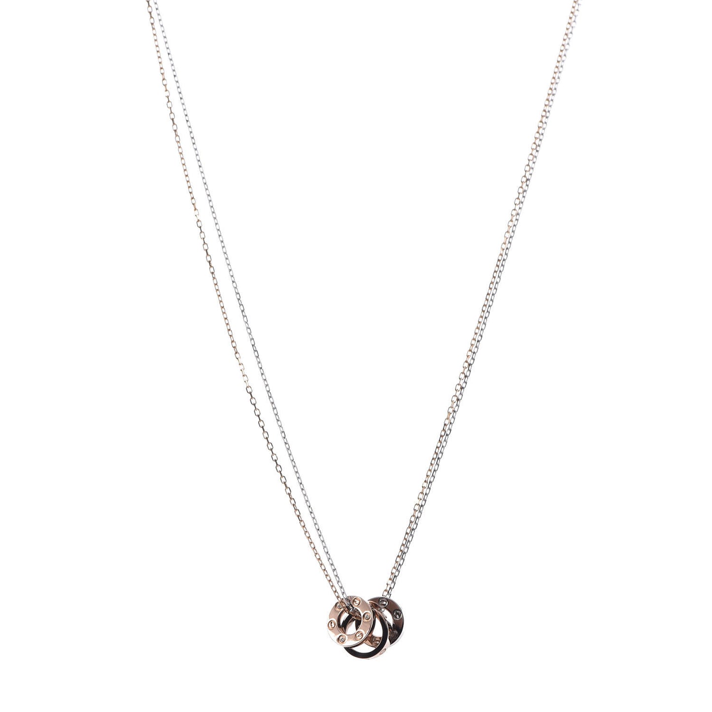 18K White Pink Gold Diamond Three Ring LOVE Pendant Necklace