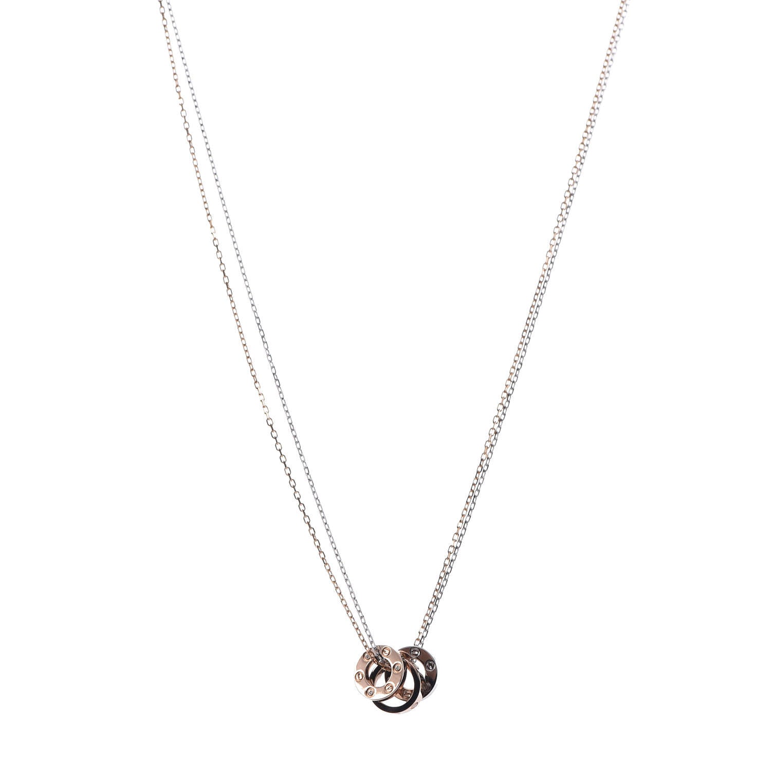 Cartier 18K White Pink Gold Diamond Three Ring LOVE Pendant Necklace 1 of 8