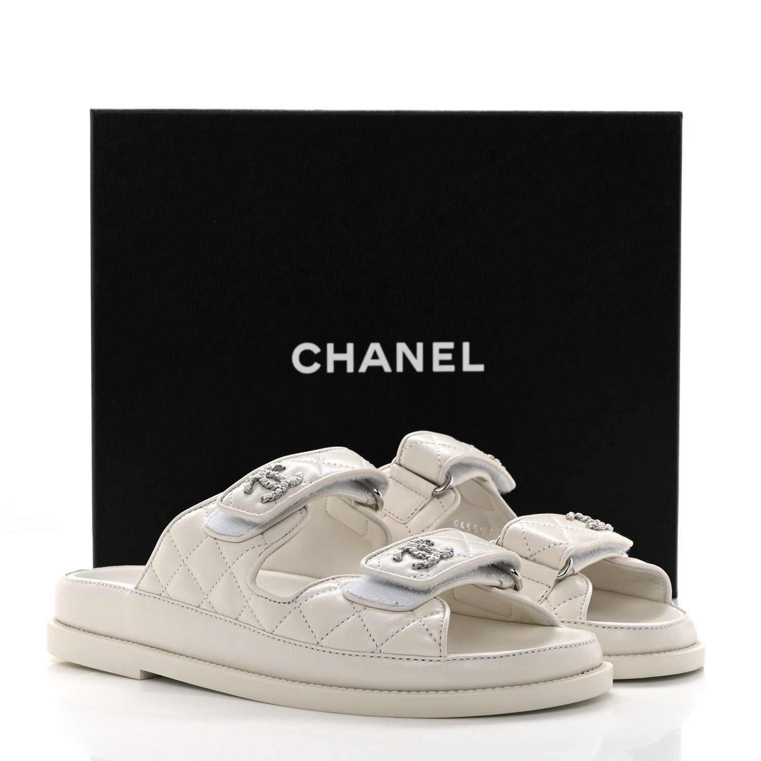 Chanel Lambskin Quilted Velcro Dad Chain CC Slide Sandals 36 White 9 of 9