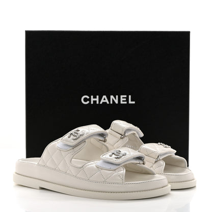 Chanel Lambskin Quilted Velcro Dad Chain CC Slide Sandals 36 White 9 of 9