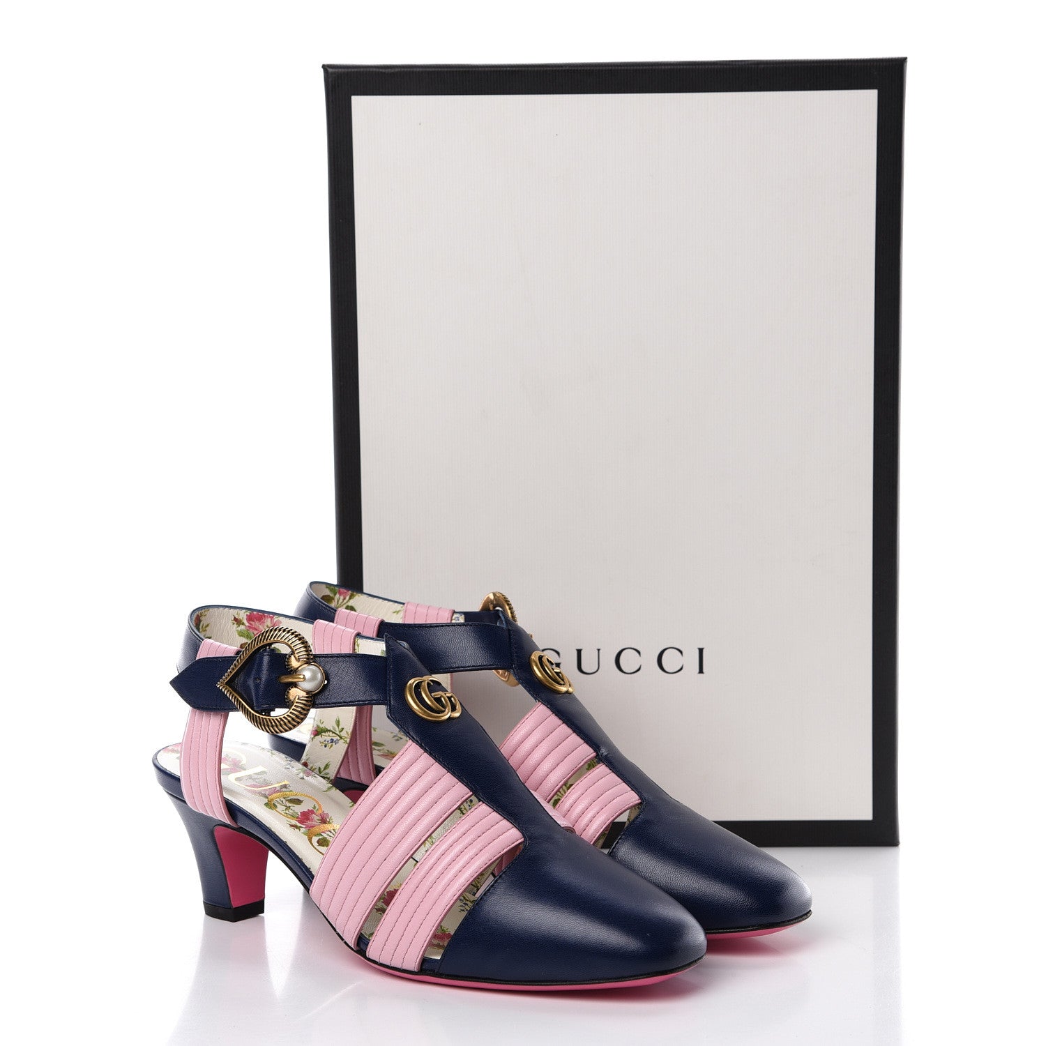 Gucci Malaga Kid Mid Heel T Strap Sandals 36.5 Royal Bluette Sugar Pink 9 of 9