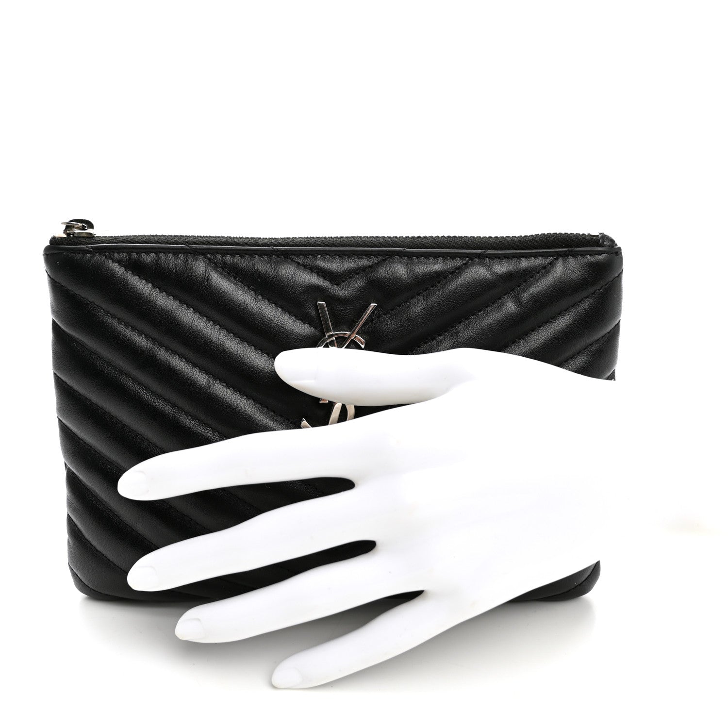 Saint Laurent Calfskin Matelasse Chevron Monogram Pouch Black 2 of 11