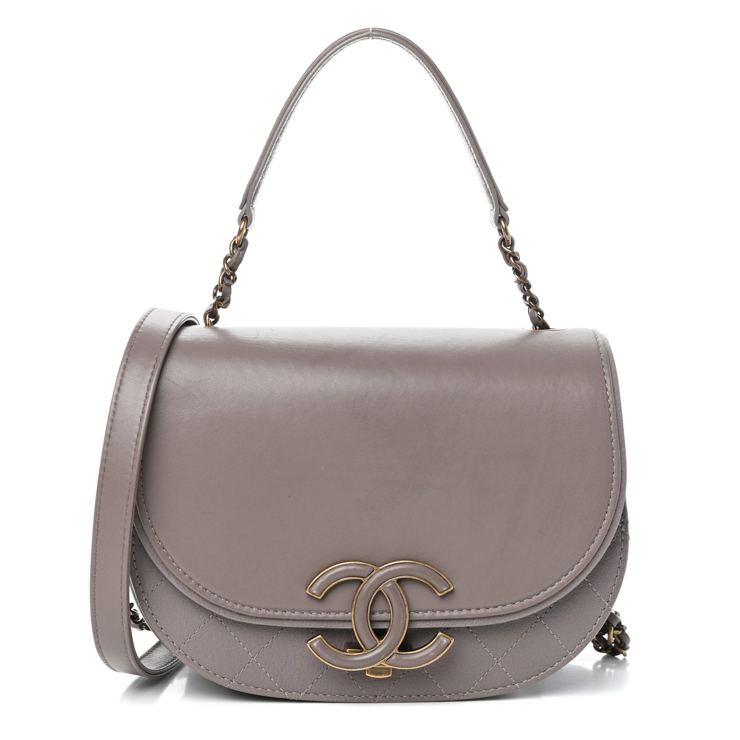 Shiny Calfskin Goatskin Quilted Small Coco Curve Messenger Flap Grey