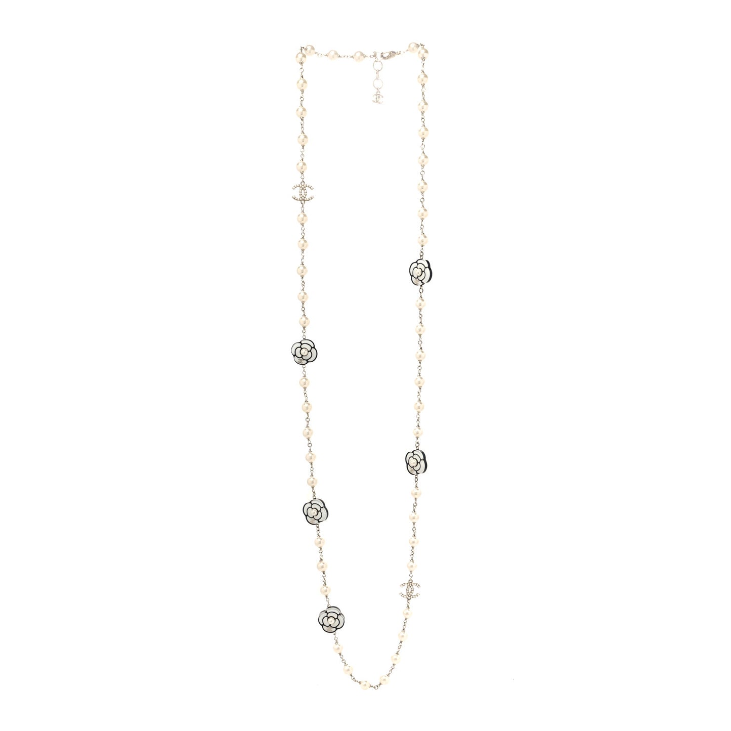 Resin Pearl Camellia CC Long Necklace Gold Pearly White