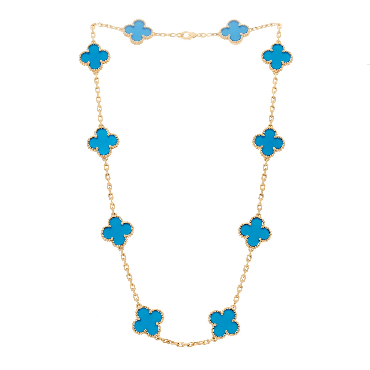 18K Yellow Gold Blue Agate 10 Motifs Vintage Alhambra Necklace