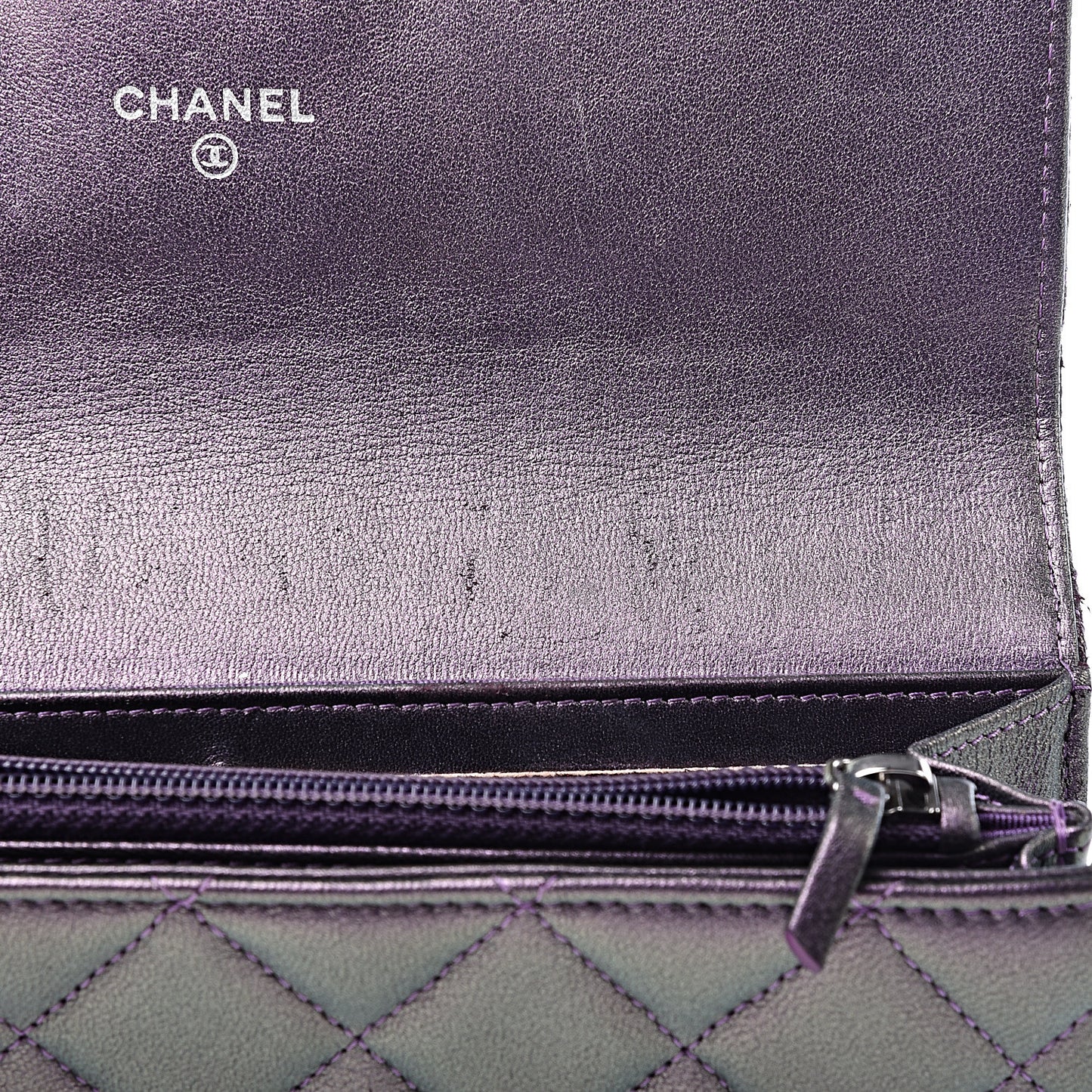 Iridescent Lambskin Quilted Large Gusset Flap Wallet Purple